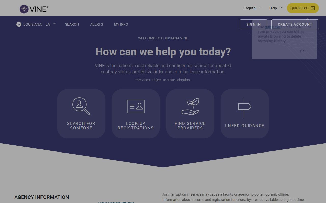 Louisiana VINELink custody search page