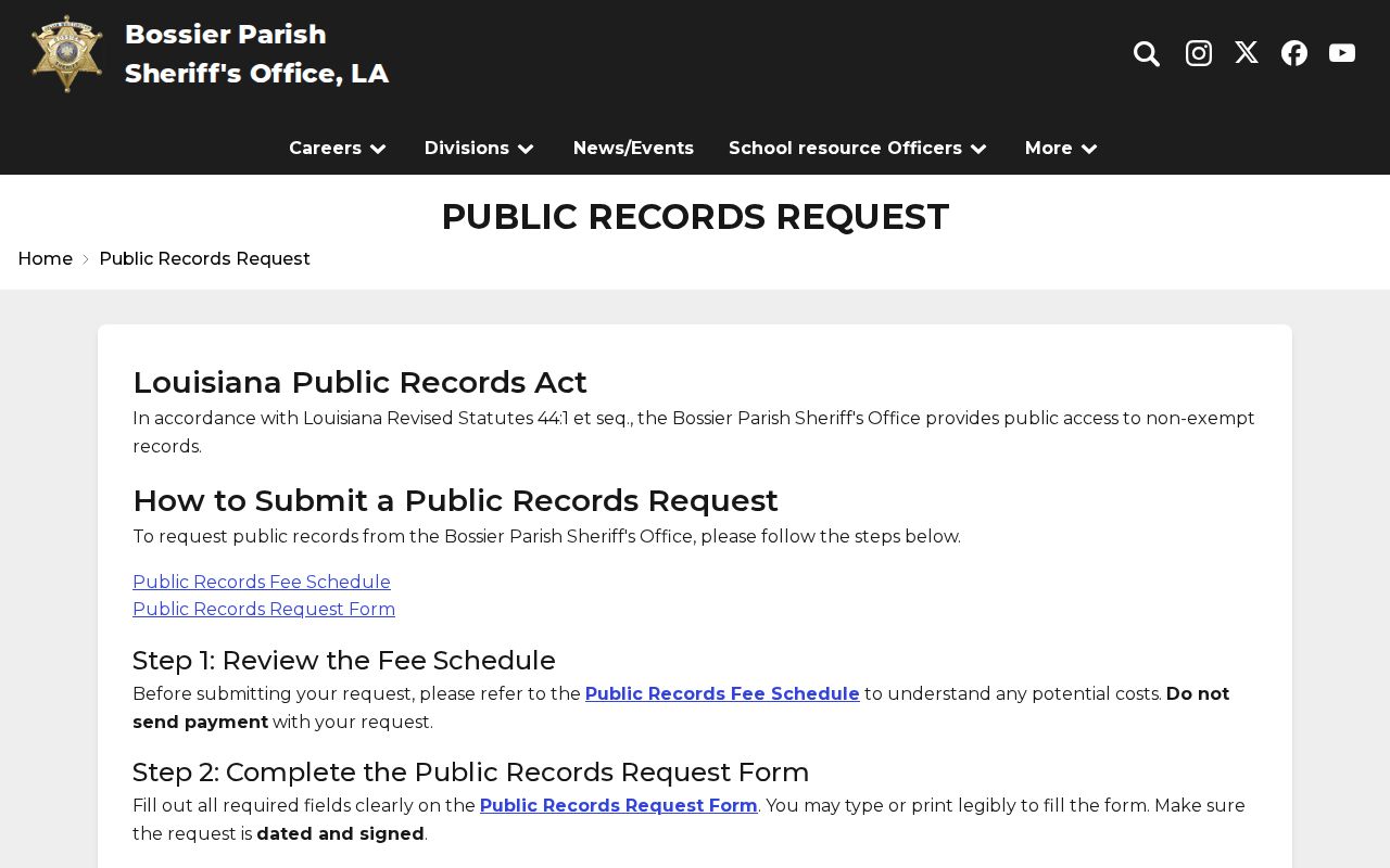 Bossier Parish Sheriff public records request page